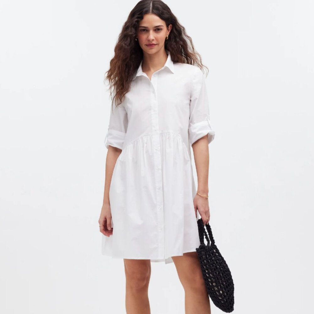 Madewell Button-Front Mini Shirtdress in Poplin White Womens XS Relaxed Fit NWT